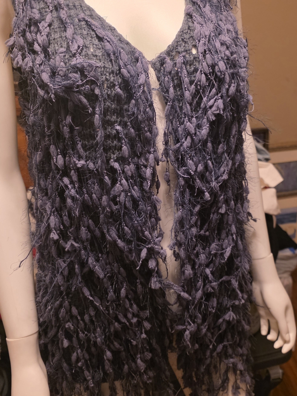 Chunky Knotted Fringe Open Front Vest - Blue